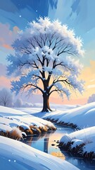Snowy tree by a creek, painted in bright, pastel colors with a sunny sky backdrop