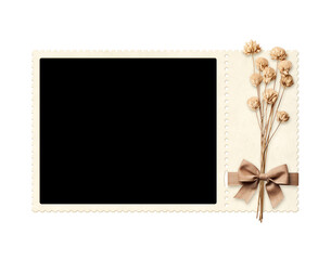 Nostalgic scrapbooking template with moodboard photoframe for scrapbooking. Retro frame photo with dry pressed flowers and linen bow. Vintage style mood board layout. Isolated on white background