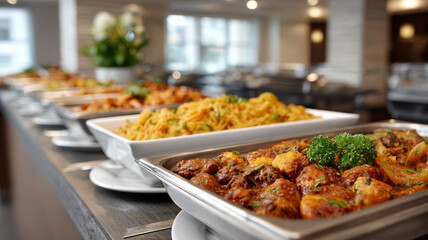 Fototapeta premium Buffet with diverse dishes in elegant banquet setting