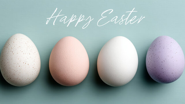 Colorful Easter eggs on pastel background with greeting