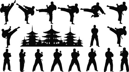 Set of karate martial arts silhouettes with fighter poses kicking and punching, Japanese pagoda temple background, sports combat vector illustration. © Shain