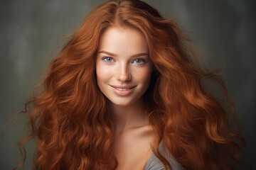 Fototapeta premium Young woman with long red hair and blue eyes smiling at camera