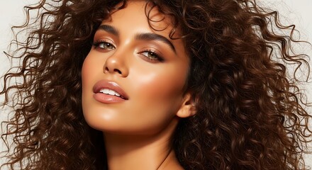 Fototapeta premium Beautiful woman with curly hair and radiant skin posing indoors
