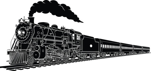 Vintage steam locomotive pulling a passenger train on tracks with smoke, classic railway transportation engine, black and white vector illustration. © Shain