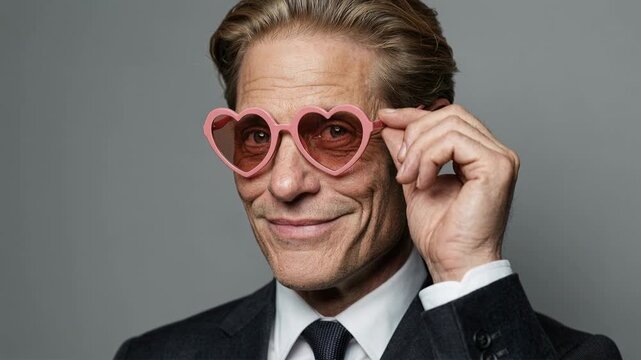Stylish senior businessman wearing heart shaped glasses looking at camera with witty smile blending corporate authority with humorous fashion statement