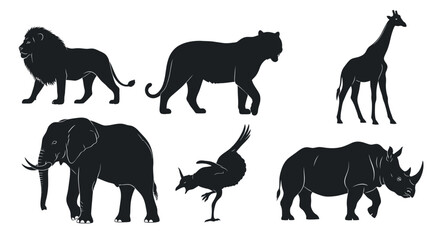 Fototapeta premium A collection of African wildlife silhouettes including lion, leopard, giraffe, elephant, ostrich, and rhinoceros in a graphic representation