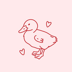 Baby Goose with hearts. Cute bird duck chick. Vector isolated element design on pink background. Funny farm animal. Whimsy decorative clipart © viairevi
