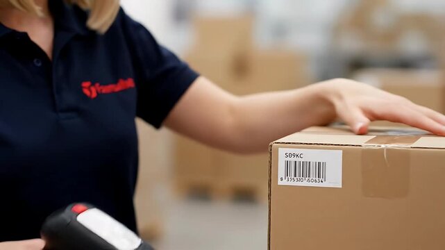 Warehouse Worker Scanning Package with Barcode Scanner