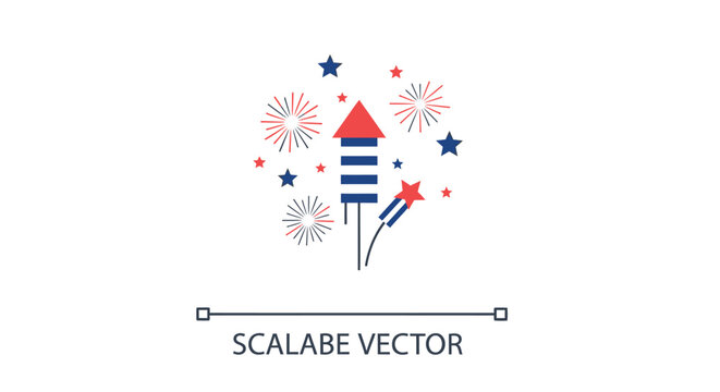 Vector illustration of a rocket with red, white, and blue fireworks and stars on transparent background