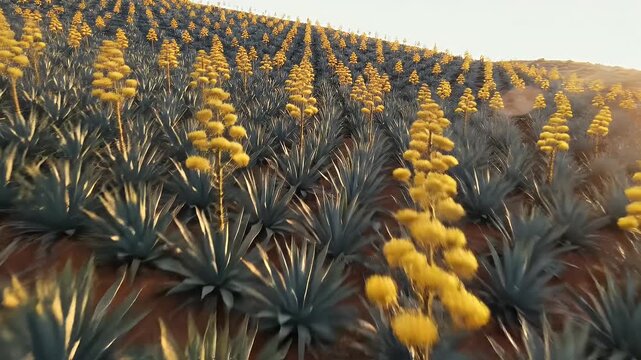 Rows of flowering agave plants on a hillside at sunset