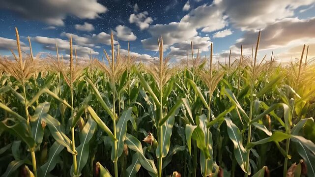 A low-angle view through a lush, green cornfield towards a blue sky