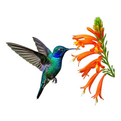 Fototapeta premium Vibrant hummingbird sipping nectar from orange flower isolated on transparent background