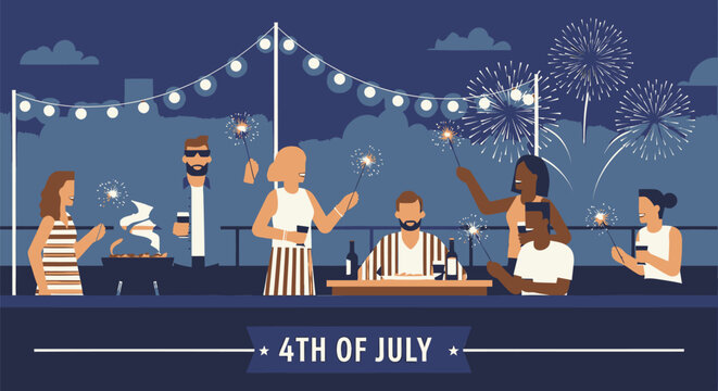 Vector illustration of people celebrating 4th of July with fireworks and string lights on a rooftop