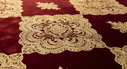 Intricate gold lace patterns on dark red velvet fabric