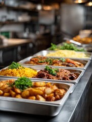Assorted hot buffet dishes served in catering trays in restaurant kitchen