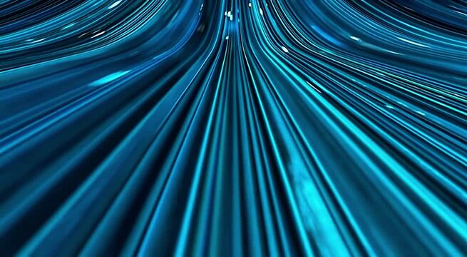 Abstract futuristic blue neon tunnel with glowing digital light trails and smooth forward motion. Ideal for technology, AI, cyber space, data network, and corporate innovation background.
