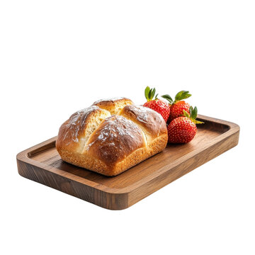 Bun bread with strawberry on a wooden tray, isolated on a white background, offering a rustic and appealing appearance. cutout PNG