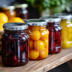 Assorted fruit preserves in jars on wooden kitchen shelf