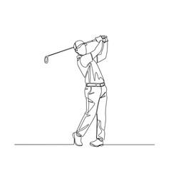continuous line drawing of golfer hitting a golf ball minimalistic sports illustration on transparent background