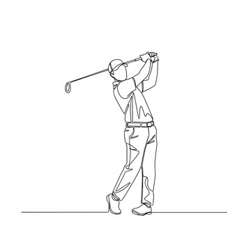 continuous line drawing of golfer hitting a golf ball minimalistic sports illustration on transparent background