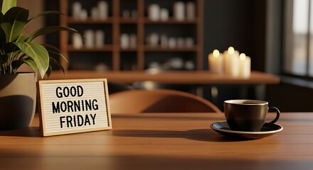 Cozy morning coffee setup with good morning friday sign