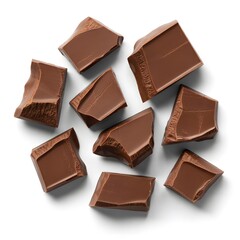 Delicious Milk Chocolate Pieces, Tempting and Isolated, Rich Brown with Bright Studio Lighting, Irregularly Broken Chunks for Confectionery Advertising and Dessert Recipes.