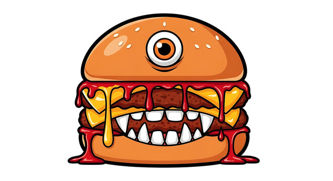 Monster Burger Character Illustration with One Eye and Sharp Teeth