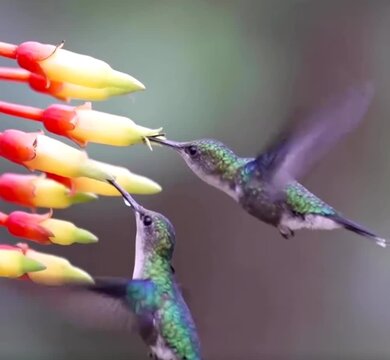  Hummingbirds Feeding on Red & Yellow Flowers

