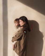 Naklejka premium Modern Young Mother Holding Toddler in Warm Natural Light, Emotional Parenting Bond Concept 