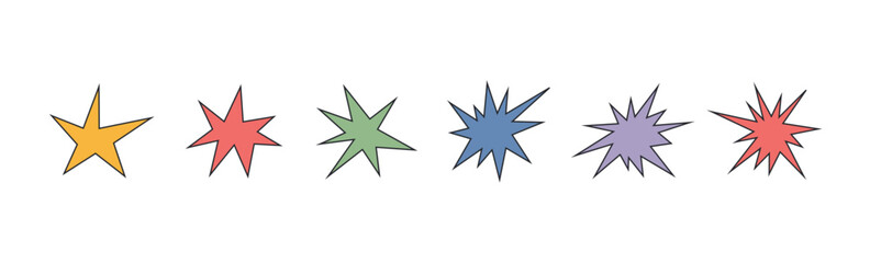Obraz premium Irregular star shape icons set. Abstract starburst symbol. Comic burst sticker. Graphic design collage element. Spiky cartoon figure. Vector illustration isolated on white background.