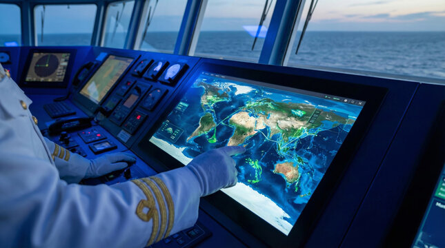 Captains hand pointing at digital navigation world map on large touch screen inside modern ship bridge control room