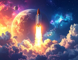 Obraz premium Rocket launches through clouds towards a planet and cosmos
