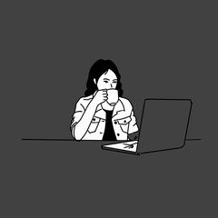 Minimalist Line Art Person Working on Laptop and drink coffee 
