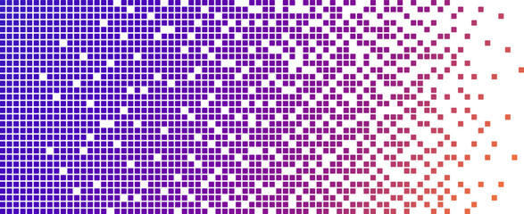 Neon AI pixel fade gradient bg. Blue, pink and purple gradient background. Abstract digital pattern with square elements grid. Vibrant cyber futuristic texture. Modern vector illustration. © Elena Pimukova