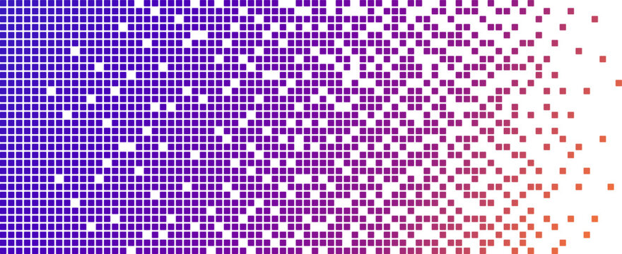 Neon AI pixel fade gradient bg. Blue, pink and purple gradient background. Abstract digital pattern with square elements grid. Vibrant cyber futuristic texture. Modern vector illustration.