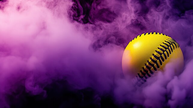 Neon Yellow Baseball Surrounded by Vibrant Purple Smoke Creating Dramatic Contrast