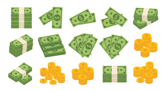 Stacks of money us dollar bills coins and bundled cash