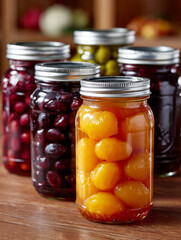 Assorted pickled fruits and vegetables in glass jars on rustic wooden table