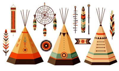 American Indian tribal native vector. Set of element in boho style. Traditional cultural feather, teepee, wigwam, dream catcher, ornaments. Can be used for t-shirt print, sticker, badge, greeting card © frenta
