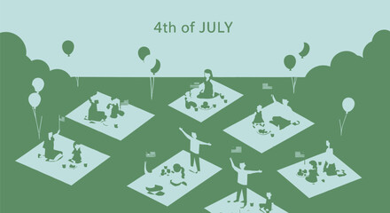 Obraz premium Vector illustration of people having picnic on green squares in park on 4th of July