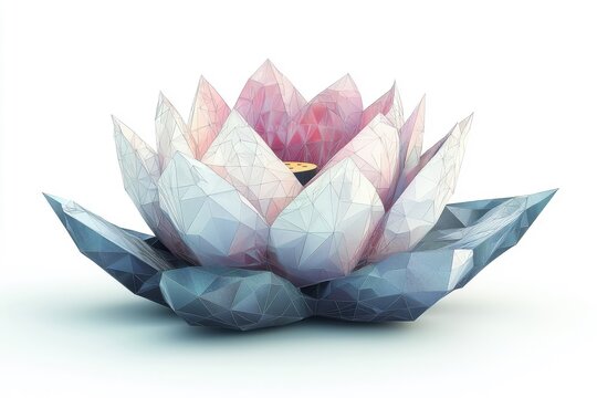 A low polygon style lotus, isolated on a white background, featuring geometric shapes and a contemporary design.