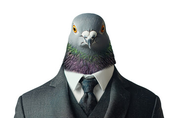 A pigeon wearing a suit, isolate on white background, blending formality and whimsy. PNG