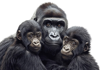 A loving family of gorillas, isolate on white background, symbolizing unity and affection. PNG