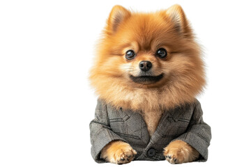 A Pomeranian in a suit, isolate on white background, presenting a stylish and charming appearance. PNG