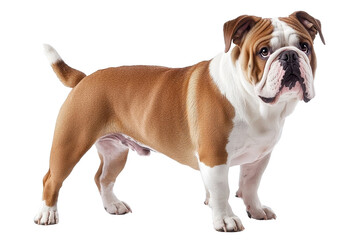 A Bulldog standing proudly, isolate on white background, showcasing its strong build and unique wrinkled face. PNG