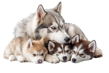 A family of Siberian Huskies, isolate on white background, showcasing their strong bond and playful interactions. PNG