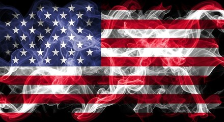 American flag waving in smoke on black background United States symbol