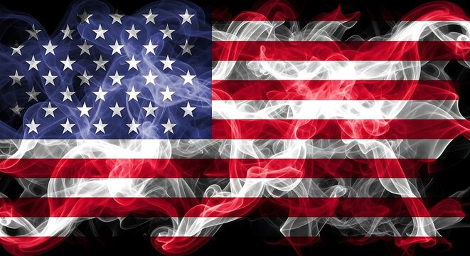 American flag waving in smoke on black background  United States symbol