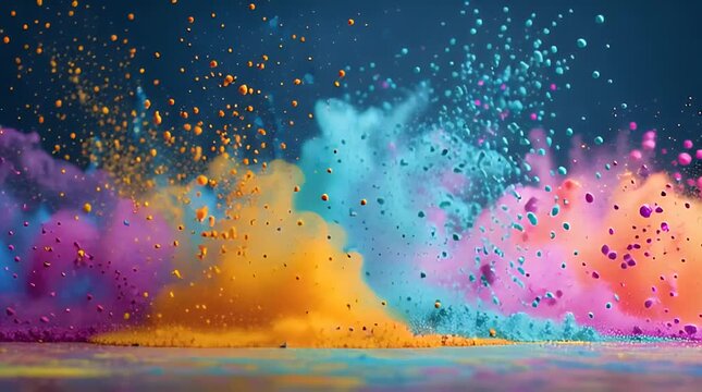 Vibrant colorful powder explosion isolated on dark background with smoke and colorful particles, abstract event background with Holi festival colors.