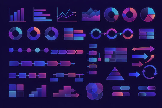 A comprehensive set of modern UI/UX infographic elements featuring a futuristic dark mode aesthetic. The collection includes vibrant neon gradients of purple, pink, and blue. It contains bar charts, 